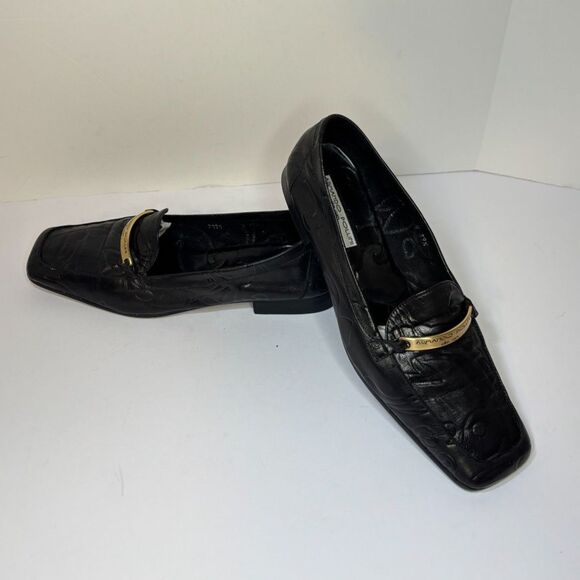 Armando Pollini Design Italian Embossed Leather Penny Loafer Womens Black Gold - Picture 2 of 8